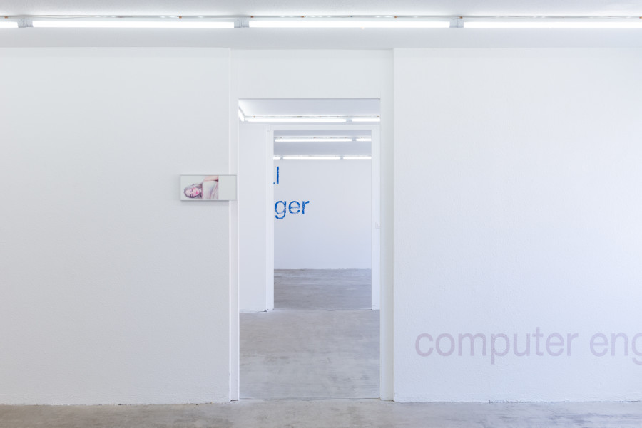 Exhibition view, Moniker, HAMLET, Zürich, 2025. From left to right: Gaia Del Santo, Addison Rae (after Addison Rae), 1-7, 2025, 7 Risograph prints on Lessebo 240g (10+ 1 AP), 17 x 38 cm; Sam Cottington, Let’s get married, 2025. 1. The exhibiting artists are all asked one question: Growing up, what was your father’s job?, 2. The answers to this question will be painted onto the wall in colours taken from paint used at New York construction sites, where the artist is producing this work remotely.