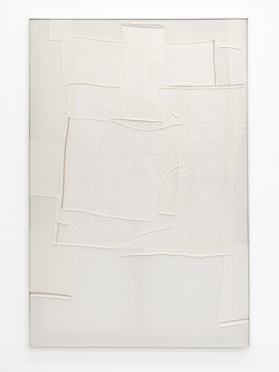 Cédric Eisenring, Fäustling (weiss), Woodcut embossing on textile, wooden stretcher, wooden frame, 150 × 100 cm, 2024 / Photo: Cedric Mussano / Courtesy: The artist and Kirchgasse Gallery, Steckborn