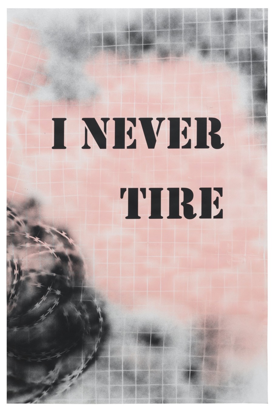 Never Tire / Black, 2021 Tempera and spray paint on Fabriano paper, mounted on aluminum 153 x 103 cm (60 1/4 x 40 1/2 in.) Courtesy of the artist and Galerie Peter Kilchmann, Zurich Copyright: Jens Ziehe