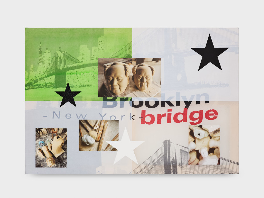 Angélique Heidler, Destroy to build, 2026. Acrylic, collage and glitter on textile. 89 × 130 cm. Photo credit: Philipp Rupp
