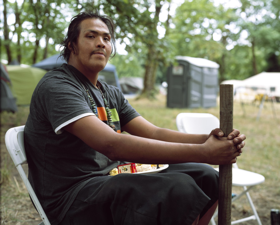 Marcus Mitchell of the Navajo Diné Nation, shot on January 19, 2017, by a Norton County deputy sheriff at a protest against construction of the Dakota Access Pipeline in Standing Rock. Hit in the head, he lost his left eye and hearing in his left ear. Protecting Mother Earth Conference, Nisqually Nation reservation, Wa He Lut Indian School, Olympia, Washington, July 1, 2018. Inkjet print (Canson Baryta Photographique paper) mounted on Dibond, Plexiglas box, 126 x 157 x 5 cm, Ed. 1/3 + 2 AP