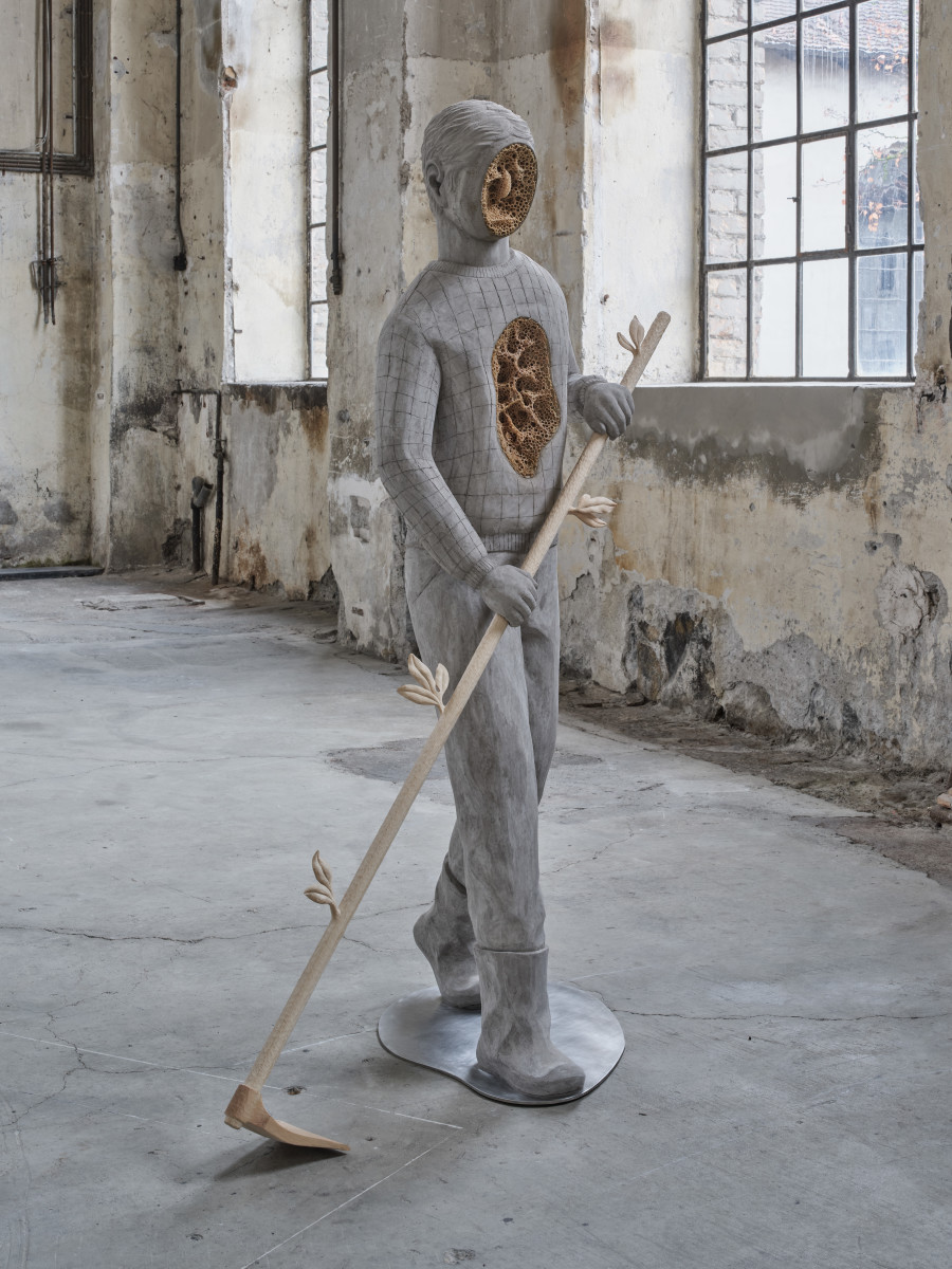 Anna Hulačová, 'Man with a hoe' (2025), installation view 'Bucolica', Kunstraum Dornbirn, 2025, Photo Günter Richard Wett, © Anna Hulačová, courtesy of the artist and hunt kastner, Prague.