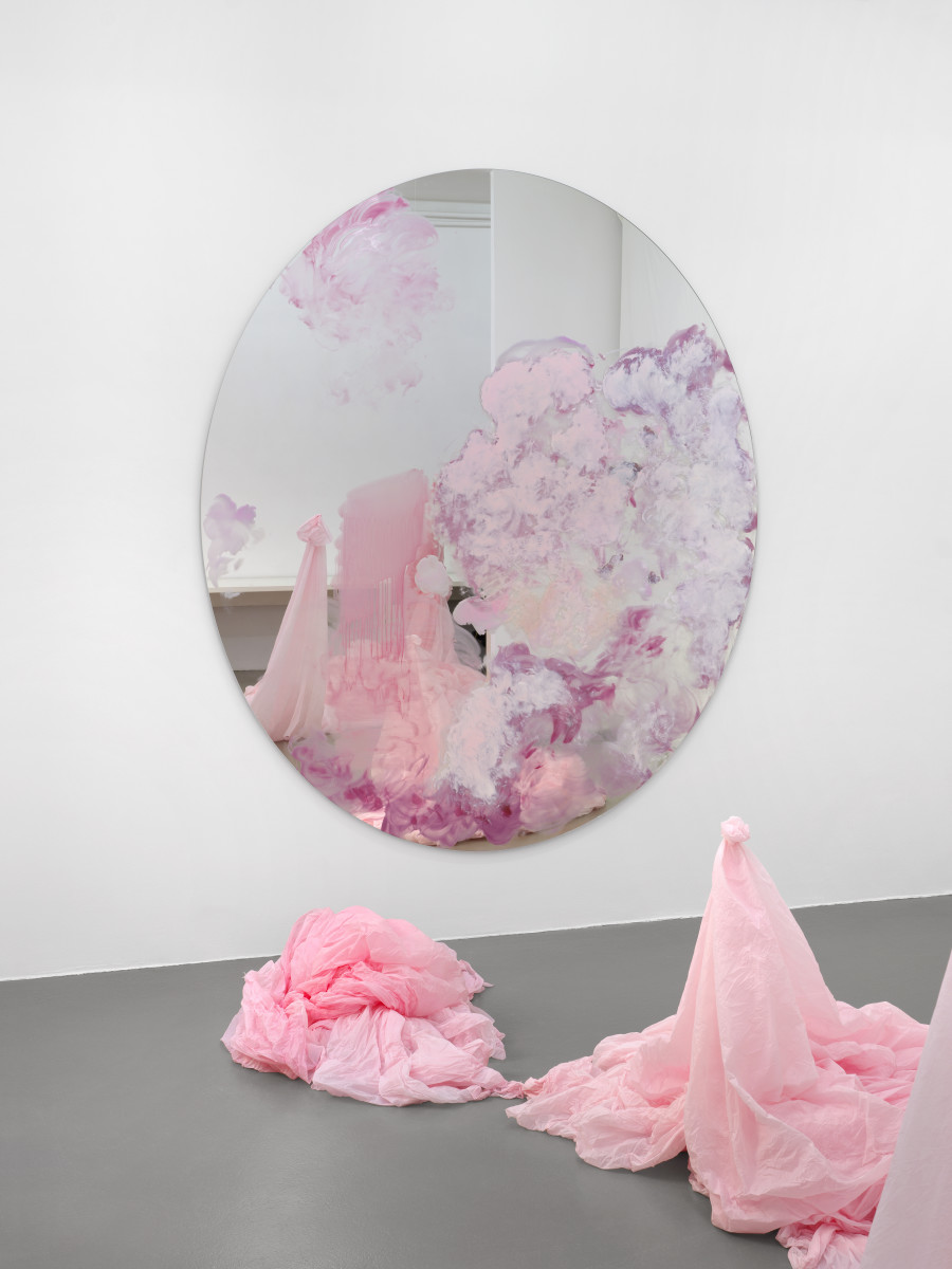 Karla Black, Looking Glass (Labels Off), 2025, glass paint and oil paint on mirror, 240 x 200 cm