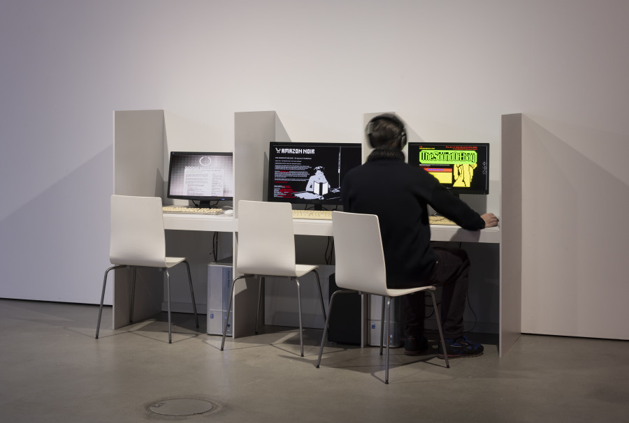 UBERMORGEN, EKMRZ Trilogy: GWEI (Google Will Eat Itself), 2005, Amazon Noir, 2006, The Sound of eBay, 2008, Exhibition view «UBERMORGEN, Johanna Müller, Giulia Essyad. Swiss Media Art – Pax Art Awards 2023», 2024, HEK, photo: Franz Wamhof