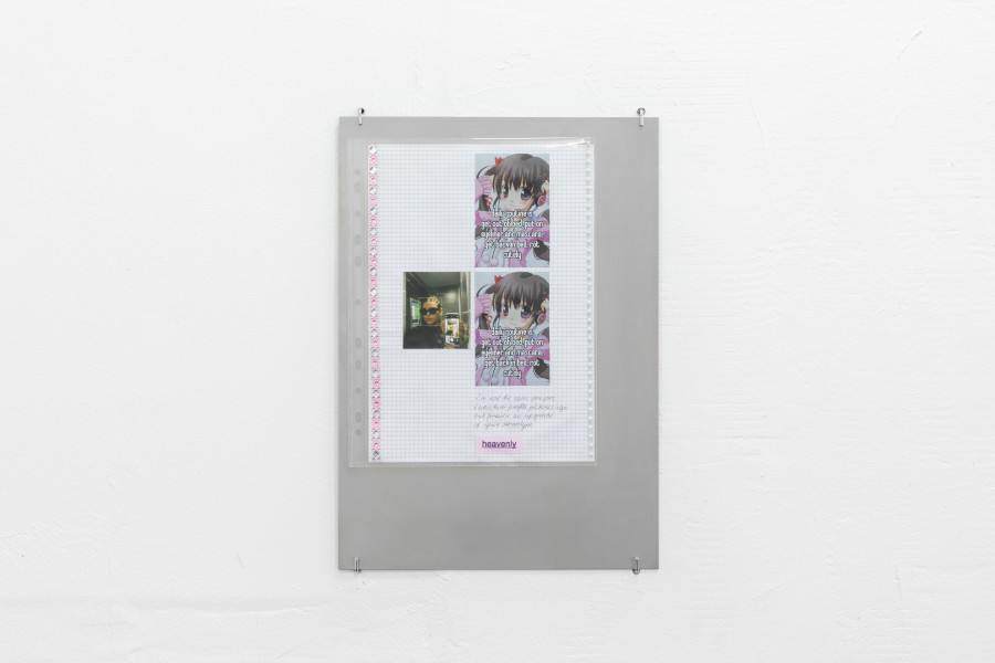 Gaia Del Santo, ‘machine girl’, 2022, Steel plate, ballpoint pen on paper, stickers on plastic sleeve, Installation view at Last Tango, Zurich, 2023, photo by Luca Klett