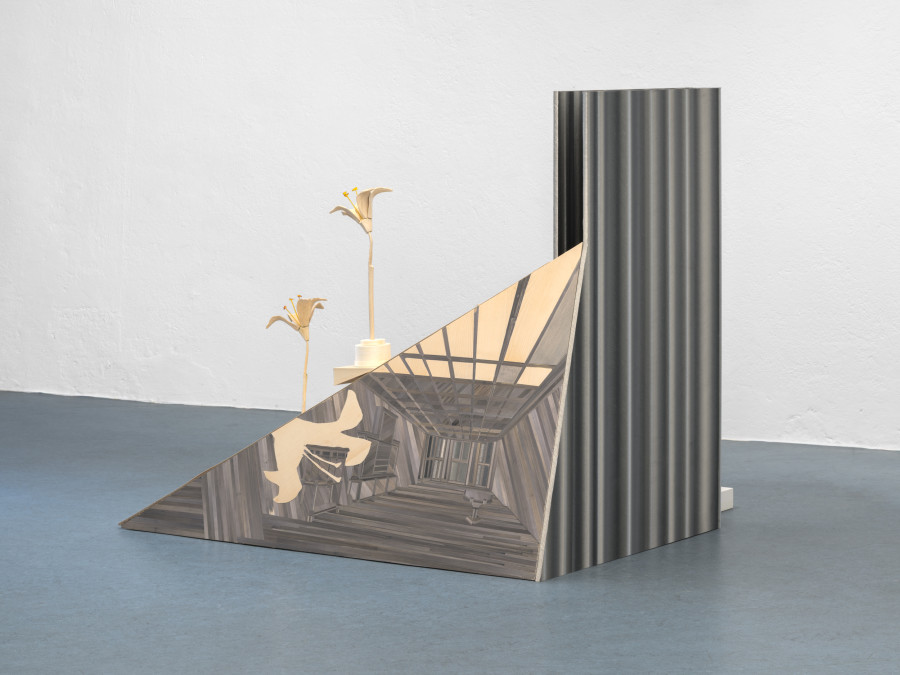 Anna Christen, Shelf Life, 2026, Wood, wallpaper, straw, varnish, paper, adhesive film, found object, 110 × 118 × 120 cm. Photo credits: Julian Blum