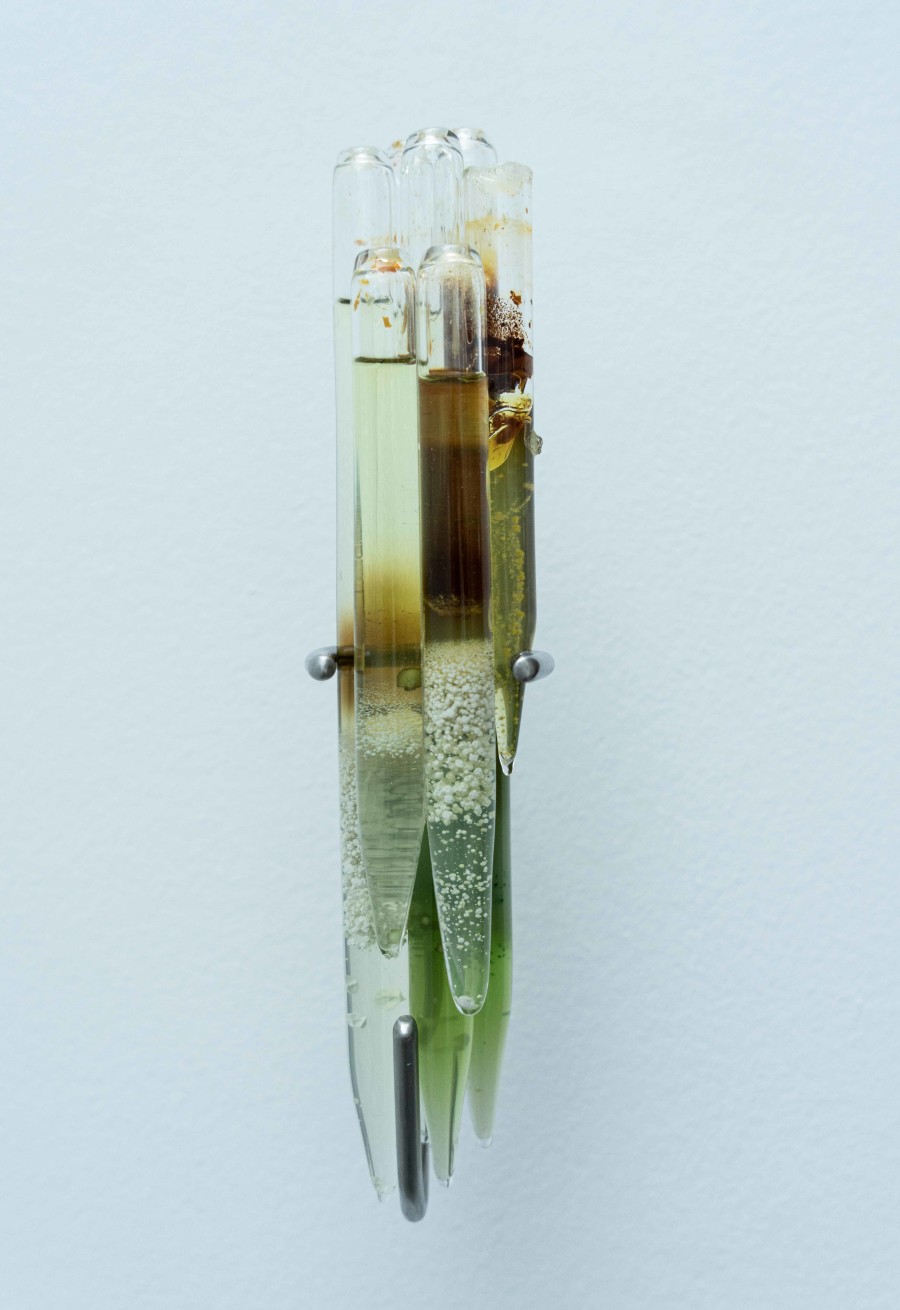 Junctures IV, 2022, Silica gel, iron sulfate, iron tartrate crystals, glass, stainless steel, 30 x 5 x 5 cm. Photography courtesy Zoé Aubry and Looming