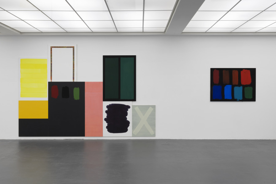 Matthias Huber, GELB, 2022, Acryl auf Holz, 110 × 74cm; OHNE TITEL, 2022, Wandtafelfarbe und Acryl auf Holz, 92 × 76cm; OHNE TITEL, 2023, Acryl auf Holz, 95 × 73cm; OHNE TITEL, 2023, Wandtafelfarbe und Acryl auf Holz, 140 × 140 cm (2-teilig); OHNE TITEL, 2023, Aktivkohle und Acryl auf Holz, 117 × 85cm; OHNE TITEL, 2012, Acryl auf Holz, 90 × 75cm; OHNE TITEL, 2014, Acryl auf Holz, 80 × 60cm; OHNE TITEL, 2023, Aktivkohle und Acryl auf Holz, 85 × 117cm. Installation view Kunsthaus Baselland. Photo: Gina Folly