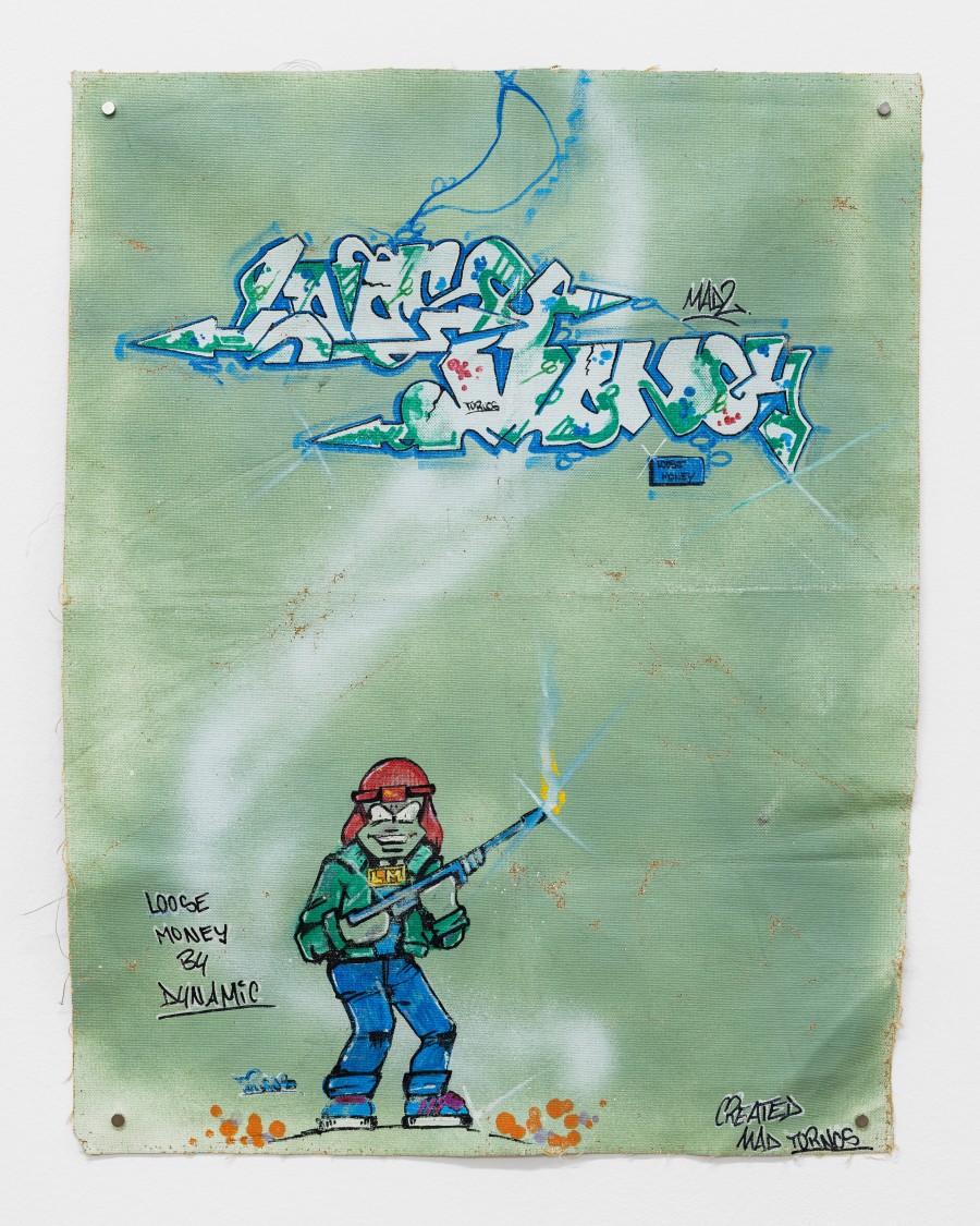 Exhibition view « La déferlante hip hop », Sena, Loose Money, 1986, 49 x 36 cm, acrylic on canvas, CALM - Centre d'Art La Meute, Lausanne, Switzerland, 2025 / Photo: Théo Dufloo / Courtesy of the artist.