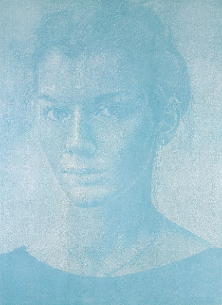 Franz Gertsch Doris, 1989. Woodcut, 218 x 157 cm. Woodcut 17/18 on Kumohadamashi Japanese paper by Heizaburo Iwano, 244 x 184 cm, Turquoise. Museum Franz Gertsch, Burgdorf © Franz Gertsch