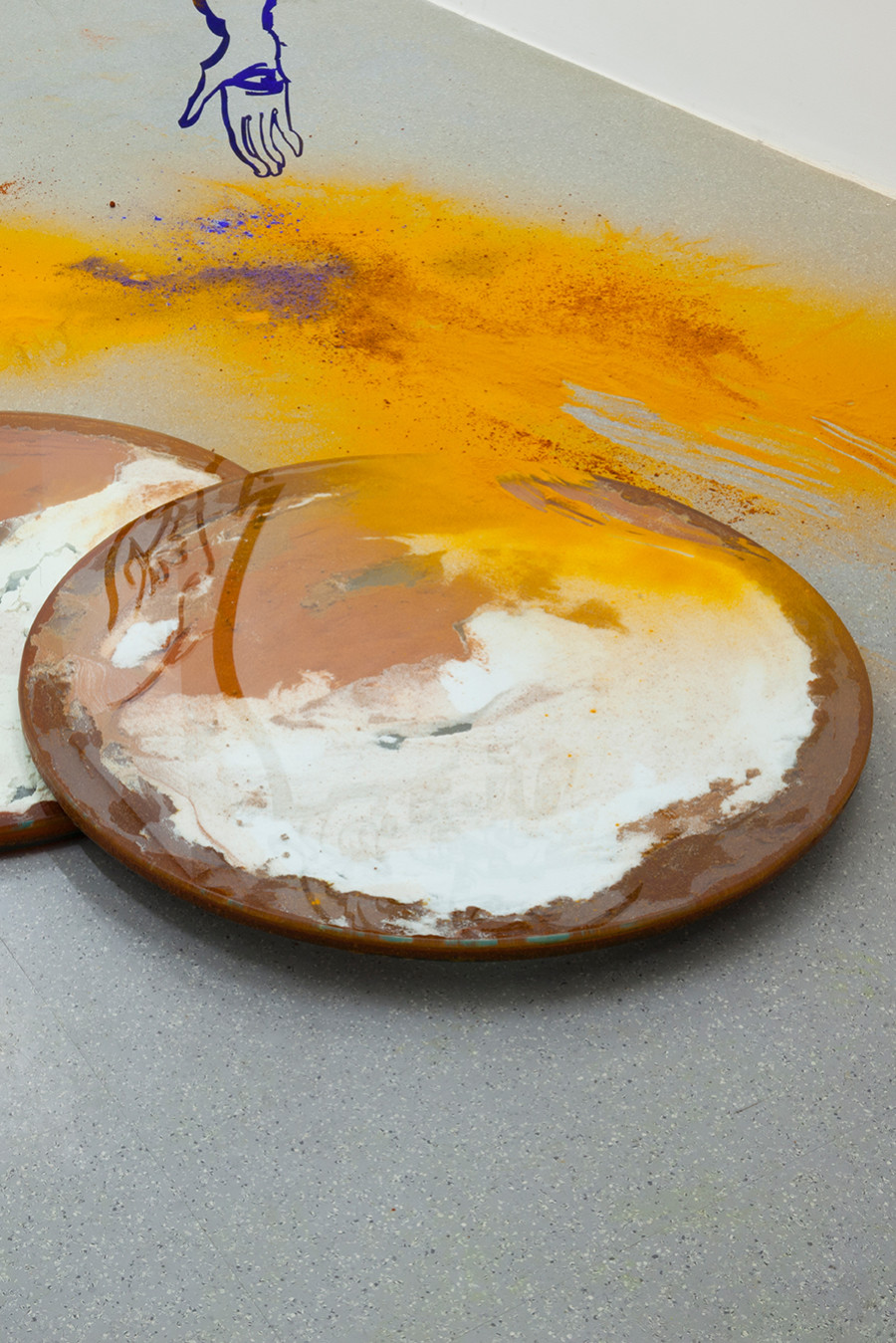 Monia Ben Hamouda, The Luncay of Lunar Sightings (Hourglass VI), 2022, Glass, chilli pigmented silicon, spices, 80 x 80 x 3.5 cm. Installation view from the solo show The Eye, the Hands, the Lunacy of Lunar Sightings, curated by Anissa Touati, jevouspropose, Zurich, 2022. Courtesy of the artist and ChertLüdde, Berlin