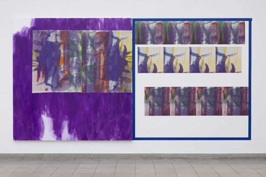 Rochelle Feinstein, The Today Show, installation view, Kunsthaus Glarus, 2025. Photo: Gina Folly. Courtesy the artist and Candice Madey Gallery. Present Indicative (LK), 2024, Acrylic, silkscreen on muslin on canvas, 213.4 x 208.3 cm / 84 x 82 in. Trauma Buddies, Violet, 2024, UV print on fabric, blue painters tape, 213.4 x 208.3 cm / 84 x 82 in