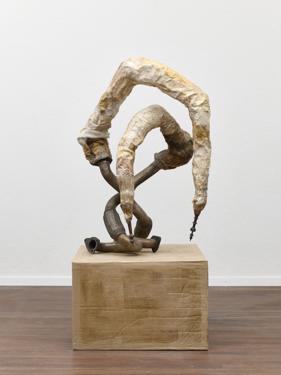 Mónica Mays, Feeding, falling flying I, 2025, Found exhaust system, vellum, wax, cardboard, wood, 155 x 50 x 38 cm. Blue Velvet, Zurich, Switzerland, 2025, Photo: Felix Jungo