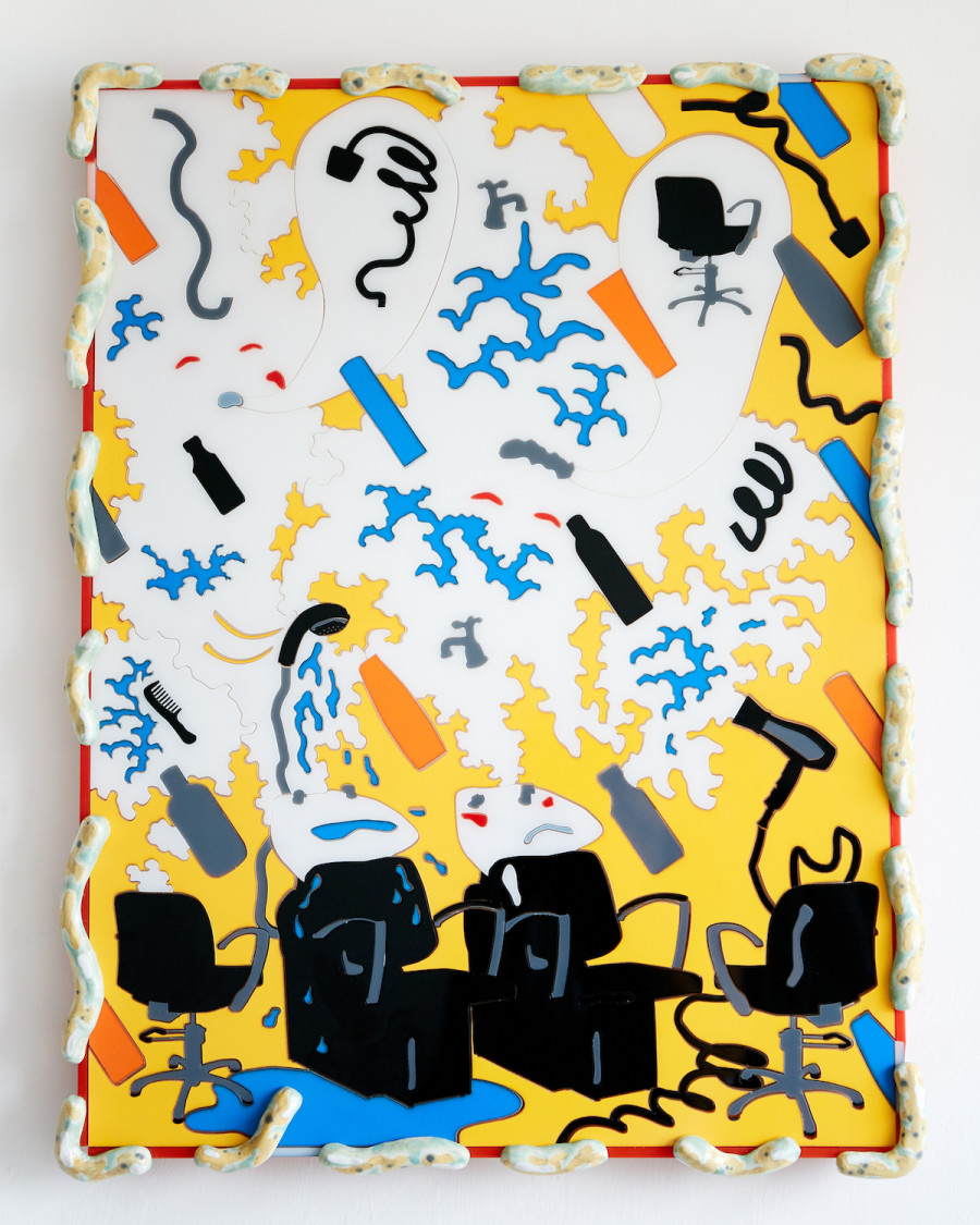 Kara Chin, A Couple of Haunted Backwash Units, 2020. Perspex, vinyl, glazed ceramics, timber. 60 x 43 x 3 cm. Courtesy of artist and VITRINE London/Basel.