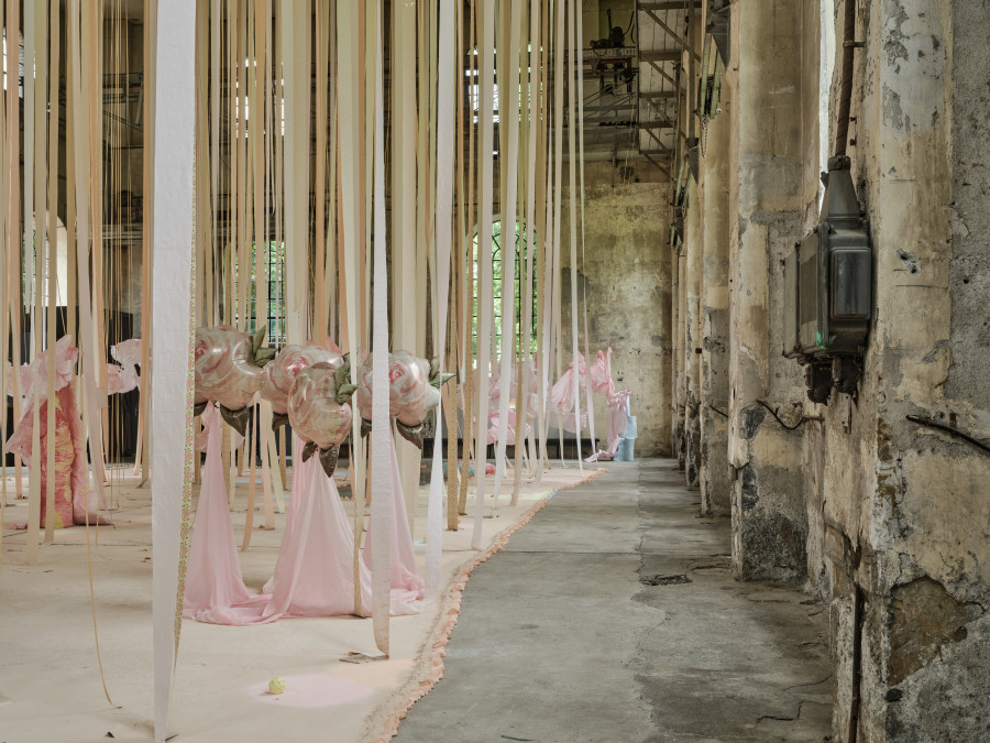 Karla Black, 'Looking Glass (picture grid)', 2025, installation view 'Karla Black', Kunstraum Dornbirn 2025, Photo Günter Richard Wett, © Karla Black, Courtesy Galerie Gisela Capitain, Cologne and Modern Art, London.