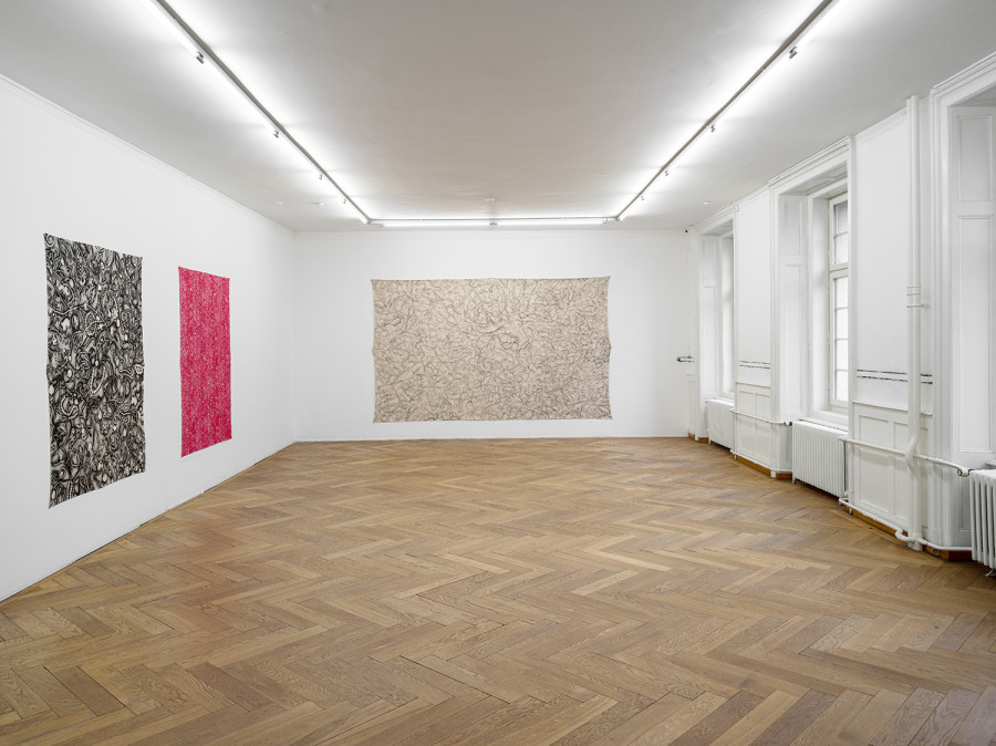 Christelle Kahla, Weight of Adornment , 2026; Scars in Bloom, 2026; Behind the Scenes, 2022; Hold (Me) Tighter , 2026, exhibition view Kunsthaus Langenthal. Pho- to: Cedric Mussano, Kunsthaus Langenthal. Courtesy: Christelle Kahla.