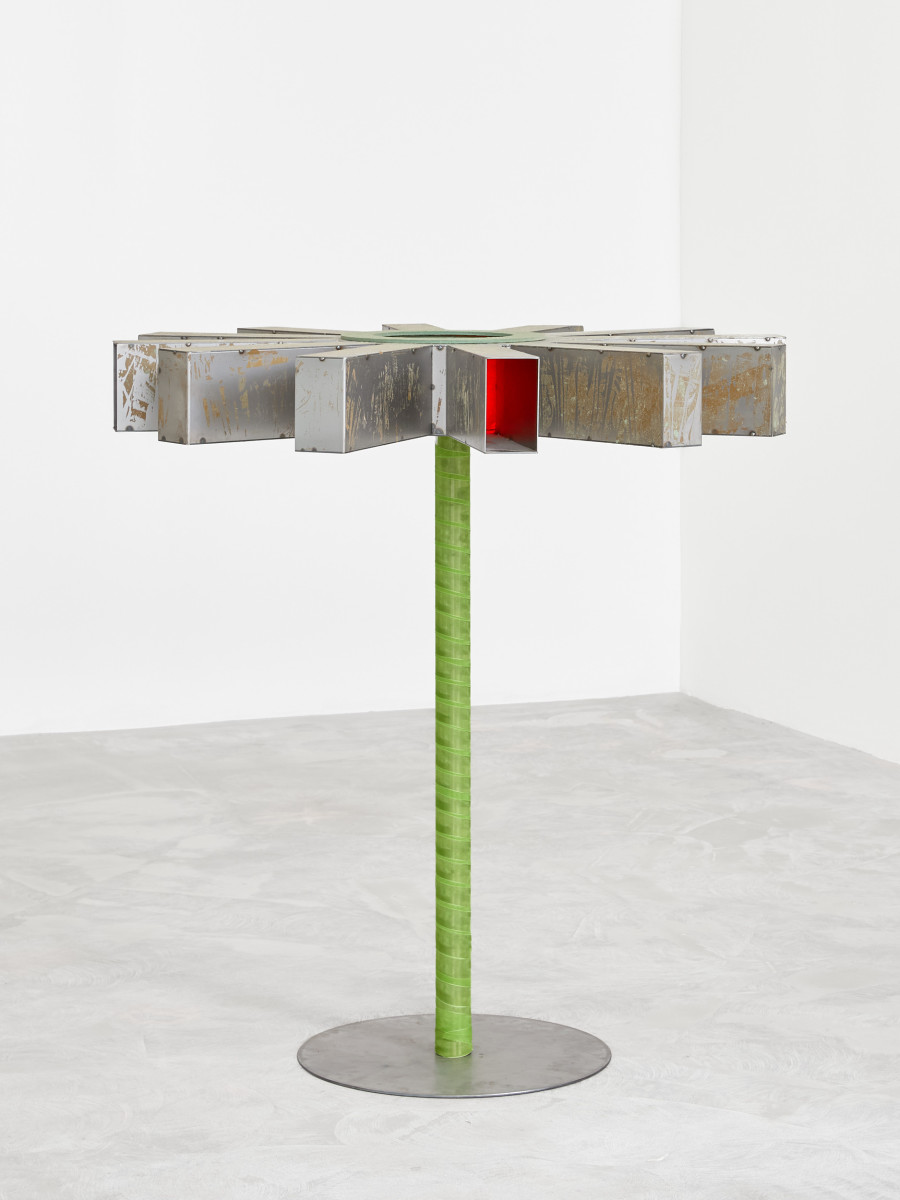 Nearest Pond, Perhaps we should move on to the next world I, 2025. Steel, tape residue, light, wood fibre insulation, ribbon. 96 × 103 cm. Photo credit: Philipp Rupp
