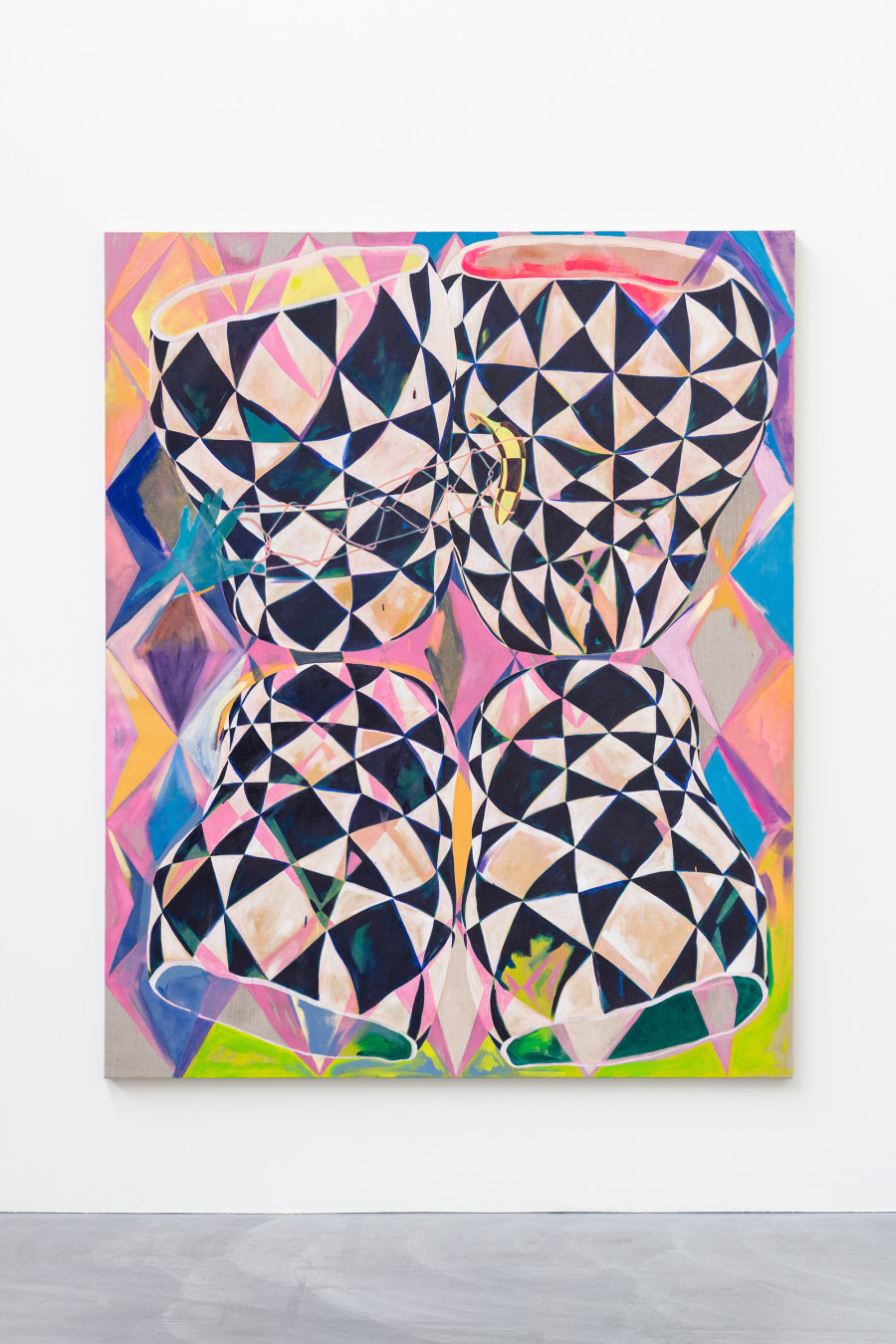 Athene Galiciadis, Stillleben (Vier Gefässe, Eine Banane und die Mutter der Inspiration), 2021, Oil and acrylic on canvas, 210 x 170 cm. Photo: Andreas Zimmermann