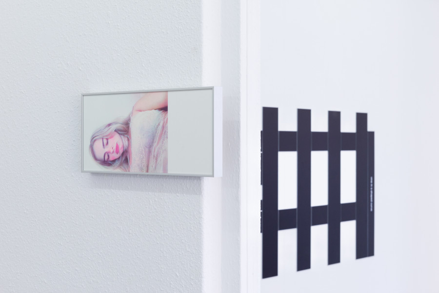Exhibition view, Moniker, HAMLET, Zürich, 2025. From left to right: Gaia Del Santo, Addison Rae (after Addison Rae), 1-7, 2025, 7 Risograph prints on Lessebo 240g (10+ 1 AP), 17 x 38 cm; Noah Merzbacher, fence, 2025, UV flatdbed print on dibond