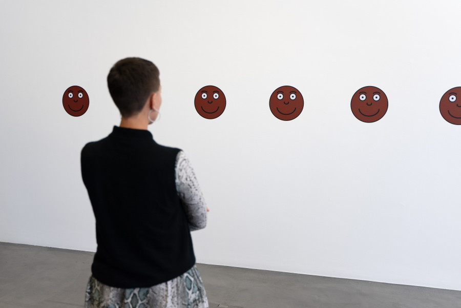 Exhibition view Interdependencies: Perspectives on Care and Resilience, Caroline Lazard, Pain Scale, 2023, vinyl print. Courtesy the artist. Photo: Studio Stucky