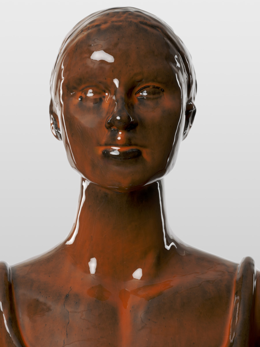 Mai-Thu Perret, Diana II (detail), 2024, Glazed ceramic, green bronze, 158 x 44 x 44 cm. Photo: Mareike Tocha