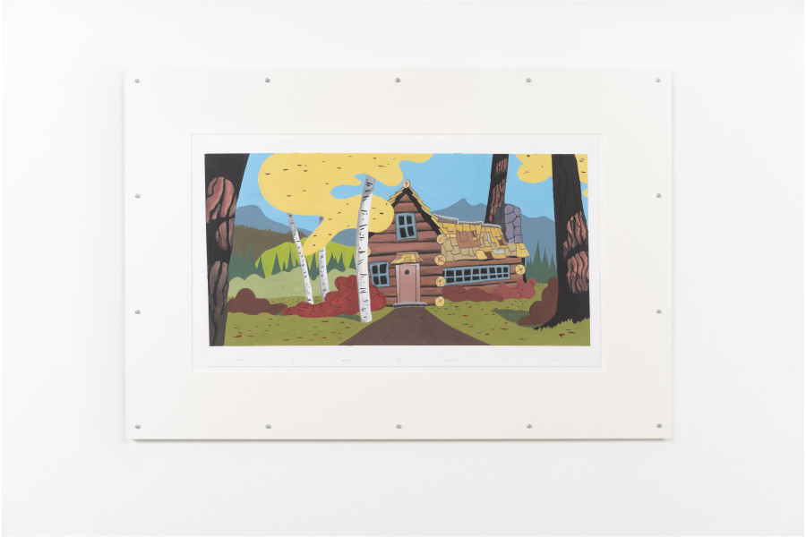 Julian Irlinger, Cel animation background (cottage, forest, birch, daylight), 2024, Gouache and ink on paper, artist frame, 72 × 106 cm (framed). Damien & The Love Guru, 2024. Courtesy of the artist and Damien & The Love Guru, Brussels/Zürich. Photo: Claude Barrault