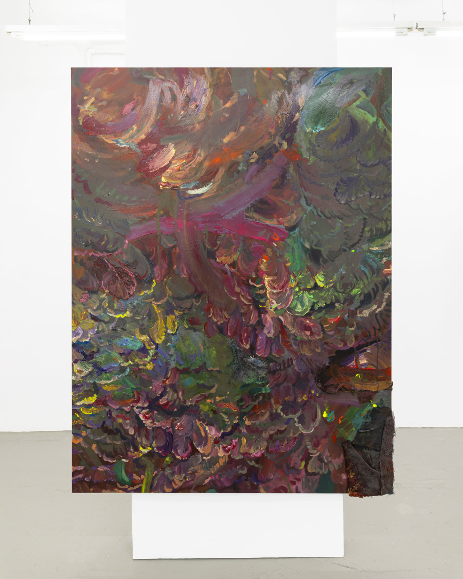 Michele Gabriele, “Study for the Plumage of a Parrot. An Unbothered, Sad, and Cringe Parrot. Indifferent to its Context.”, from the Solo Show “Brambora” at Kaly Gallery, Lucerne, CH, Acrylic and mixed media on canvas, 78 3/4 x 59 in, 200 x 150 cm, 2025. Courtesy of the Artist and Kali Gallery. Photo by Kim da Motta