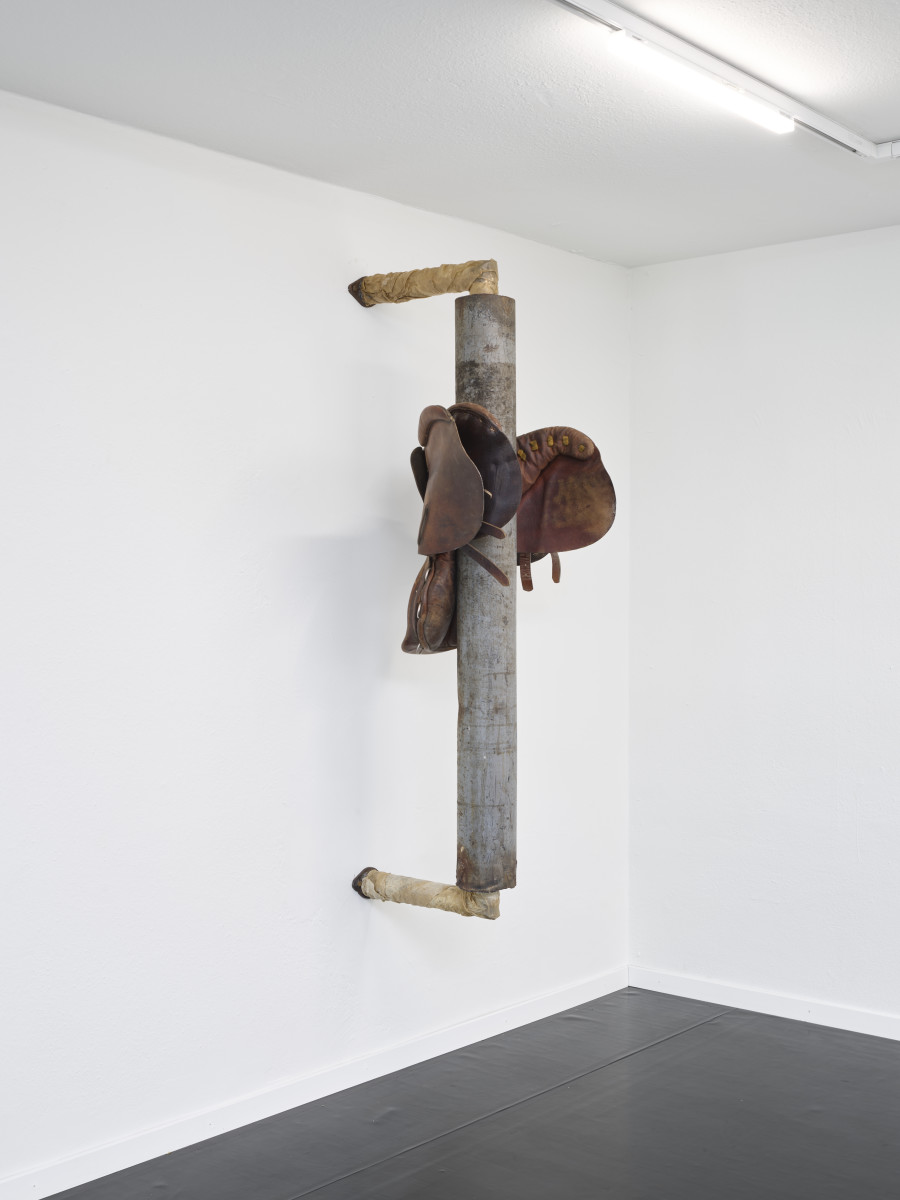 Mónica Mays, Merry-go-round II, 2025, Metal, found saddle, wax, vellum, 150 x 65 x 58 cm. Blue Velvet, Zurich, Switzerland, 2025, Photo: Felix Jungo