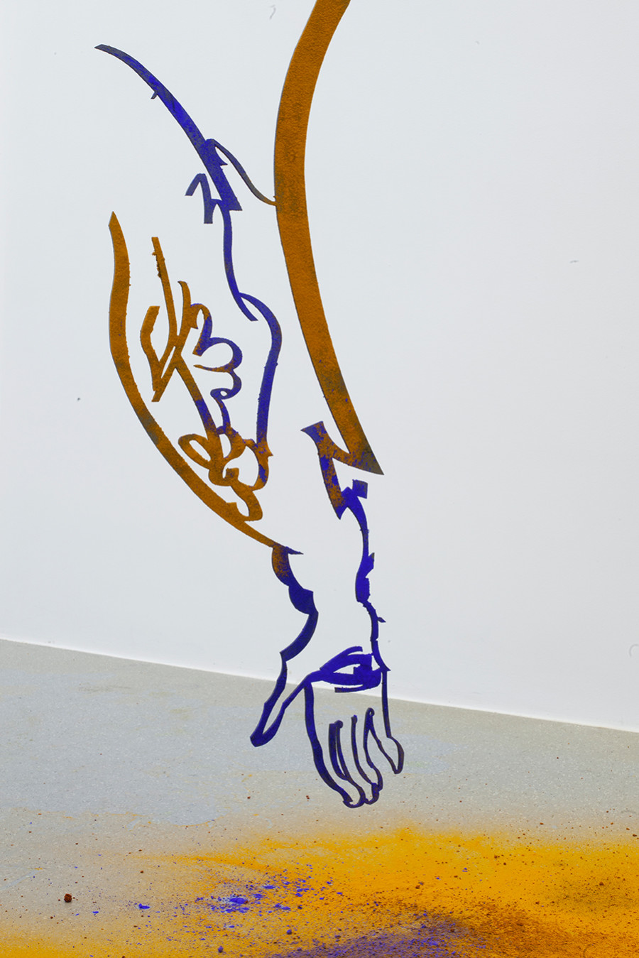 Monia Ben Hamouda, Aniconism as Figurative Urgency (the Eye, the Hands) (detail), 2022, Laser cut steel, spice powders, ca 256 x 290 x 0.3 cm. Installation view from the solo show The Eye, the Hands, the Lunacy of Lunar Sightings, curated by Anissa Touati, jevouspropose, Zurich, 2022. Courtesy of the artist and ChertLüdde, Berlin
