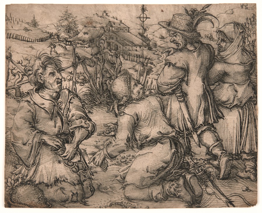 Würfelnde Landstreicher und bäuerliches Paar, Hans Weiditz d. J. (auch Petrarcameister), zugeschrieben / attributed to, um 1525/30, Feder (und Pinsel?) in Schwarz, alt aufgezogen, dabei stellenweise verwischt, Blatt: 18.1 x 22 cm, Inv. 2019.4, Creditline: Kunstmuseum Basel- Geschenk Familie Oeri in Erinnerung an Hansjörg Duschmalé und Michael Kessler, Photo Credit: Kunstmuseum Basel - Jonas Haenggi