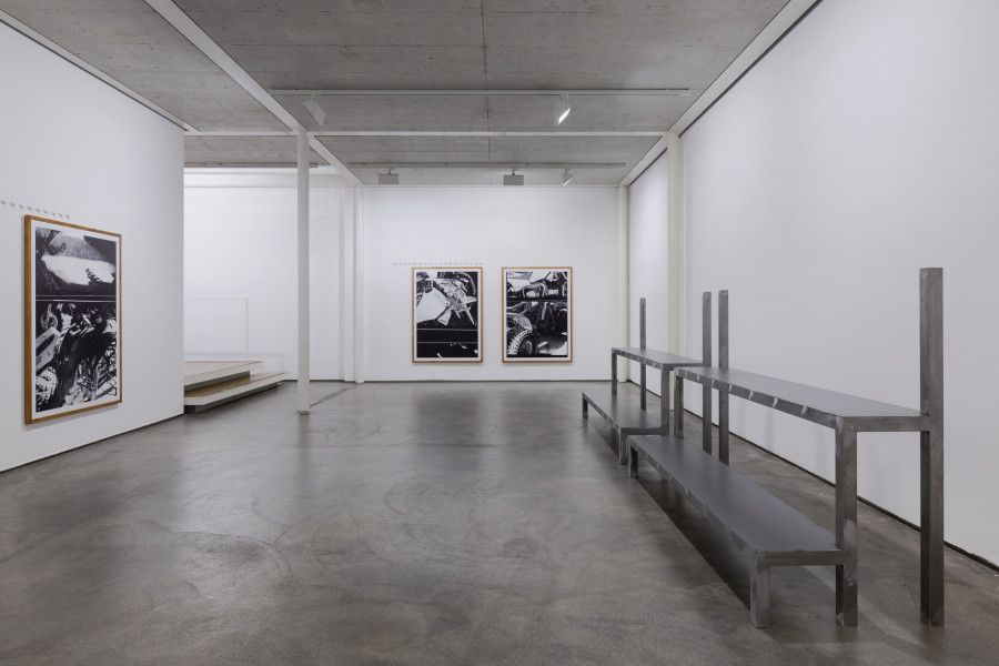 Exhibition view, Kelly Tissot, Fuel-soaked snooze, 2022, Digital UV print on MDF/ Wed to the dawn I, 2022, Steel. Kunst Raum Riehen, 2022. Photo credit: Gina Folly