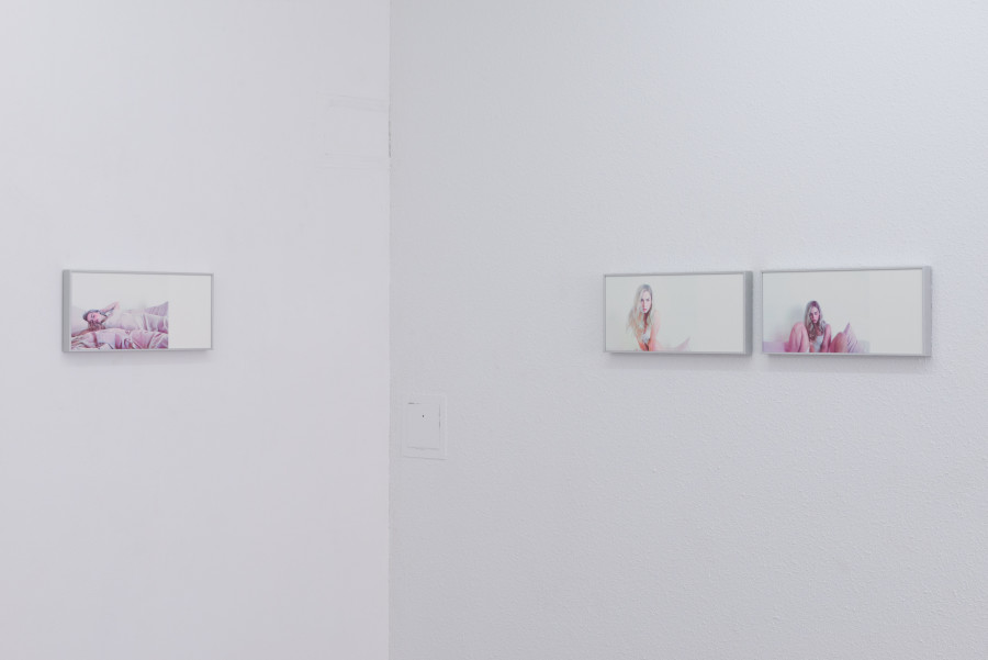 Exhibition view, Moniker, HAMLET, Zürich, 2025. Gaia Del Santo, Addison Rae (after Addison Rae), 1-7, 2025, 7 Risograph prints on Lessebo 240g (10+ 1 AP), 17 x 38 cm