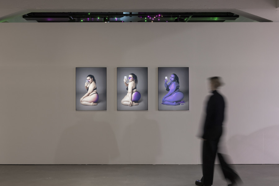 Giulia Essyad, blueberry.inflation.v1.2, 2021, Exhibition view «UBERMORGEN, Johanna Müller, Giulia Essyad. Swiss Media Art – Pax Art Awards 2023», 2024, HEK, photo: Franz Wamhof