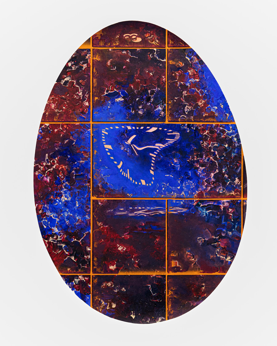 Exhibition view « Version Cue », Niels Trannois, Menace, Version Cue, 2024, oil and graphite on laser-engraved porcelain, 40x30 cm, CALM – Centre d’Art La Meute, Lausanne, Switzerland, 2025 / Photo: Théo Dufloo / Courtesy of the artist.