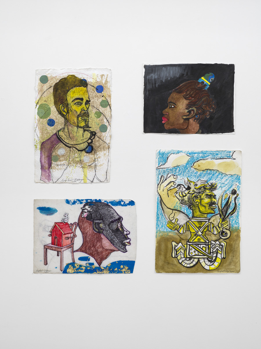 Angelbert Metoyer, 1850, Indian ink, palo santo, and charcoal on paper, 49.53 × 34.29 cm, 2023; The Eye of Her Castle, Indian ink, watercolor, gold dust and acrylic on paper, 38.1 × 29.21 cm, 2018 - 2023; Paradox? Indian ink, gold leaf and acrylic on polyester paper, 38.1 × 29.21 cm, 2023; Sirius, A, Artist-made dye, Indian ink, tobacco, lavender, charcoal pencil, palo santo and oil crayon on paper, 49.53 × 34.29 cm, 2022 - 2023 / Photo: Cedric Mussano / Courtesy: The artist and Kirchgasse Gallery, Steckborn