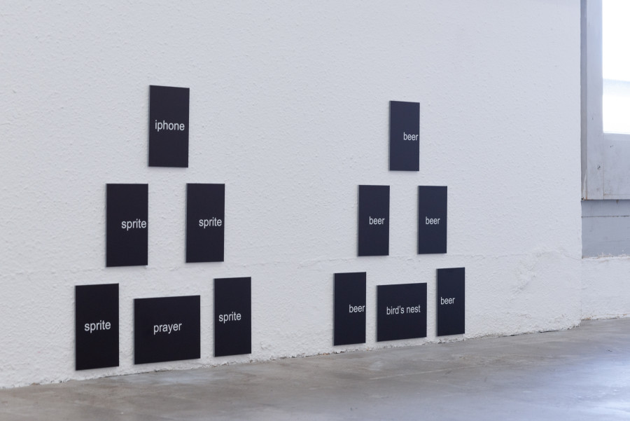 Exhibition view, Moniker, HAMLET, Zürich, 2025. From left to right: Noah Merzbacher, pyramid, 2025; Noah Merzbacher, pyramid, 2025, UV flatdbed print on dibond