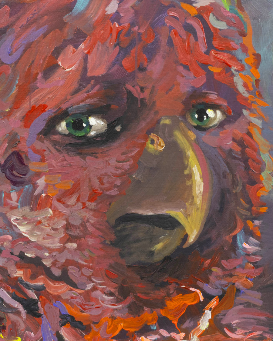 Michele Gabriele, “Portrait of a Parrot. An Unbothered, Sad, and Cringe Parrot. Indifferent to its Context.” (detail), from the Solo Show “Brambora” at Kaly Gallery, Lucerne, CH, Acrylic on canvas, artist frame, 51 1/8 x 37 3/8 in, 130 x 95 cm, 2025. Courtesy of the Artist and Kali Gallery. Photo by Kim da Motta