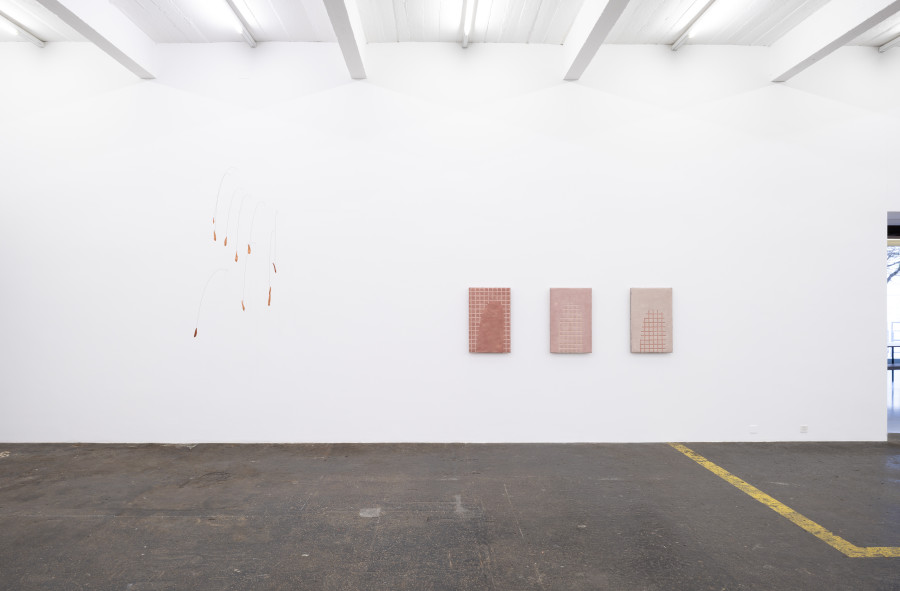 Marta Margnetti, Wisteria Drops, 2024 (left); Homeplace placeholder, 2023 (right). Courtesy: the artist. Photo: Kunst Halle Sankt Gallen, E. Sommer.