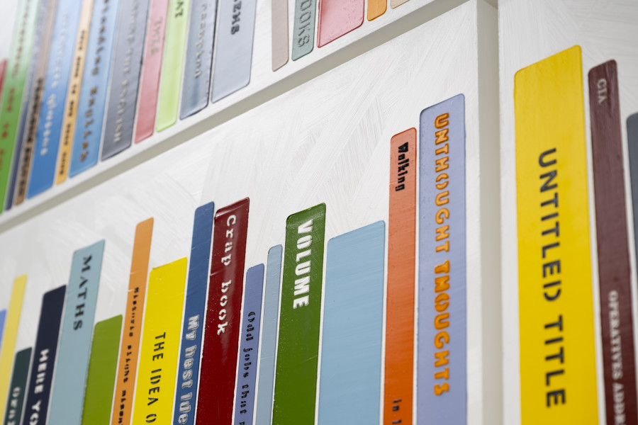 Exhibition view, John Wood & Paul Harrison, Love Songs for Desperados, detail view of, Some Painted Books, 2025, von Bartha, Basel, 2025. Photo: Andreas Zimmermann / von Bartha