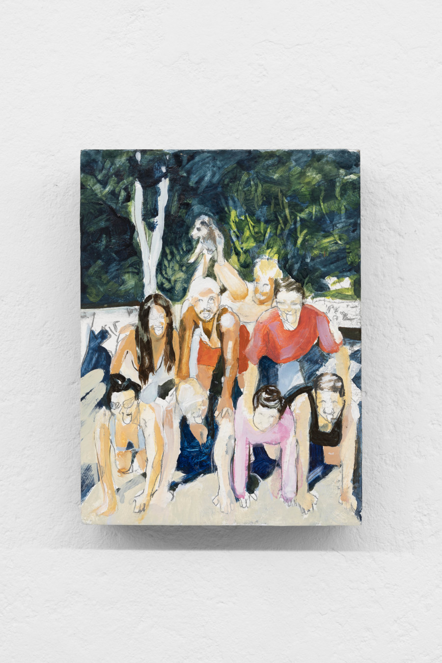 DonChristian Jones, Performance School Pyramid with Humans and Dog: Kate, DCJ, Kaur, Elise, Kristin, Monica, Colin, Halo 2024, 2024, Oil on wood, 20 × 15 × 4cm. Photo credits: marytwo