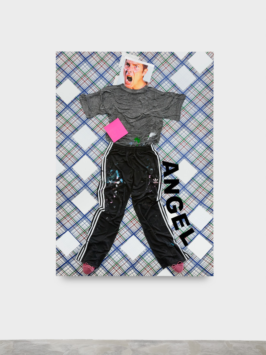 Angélique Heidler, In the studio, 2026. Acrylic, glitter, collage and clothes on textile. 162.5 × 114 cm. Photo credit: Philipp Rupp