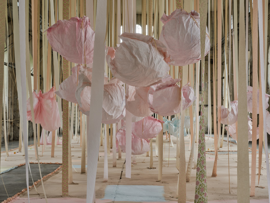 Karla Black, 'Safety As A Stance', 2025, installation view 'Karla Black', Kunstraum Dornbirn 2025, Photo Günter Richard Wett, © Karla Black, Courtesy Galerie Gisela Capitain, Cologne and Modern Art, London.