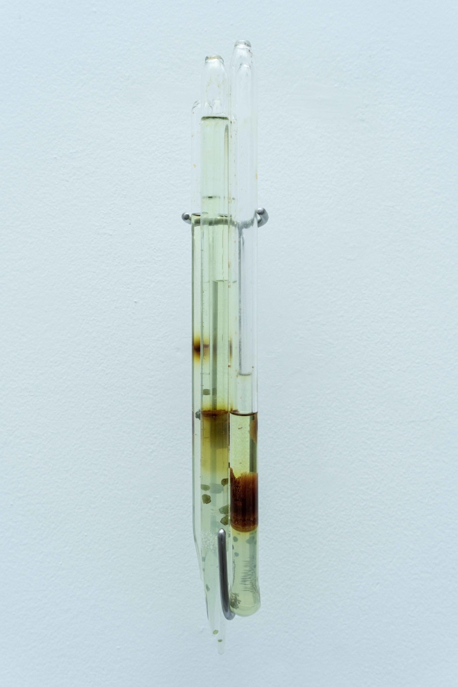 Junctures I, 2022, Silica gel, iron sulfate, iron tartrate crystals, glass, stainless steel, 50 x 5 x 5 cm. Photography courtesy Zoé Aubry and Looming
