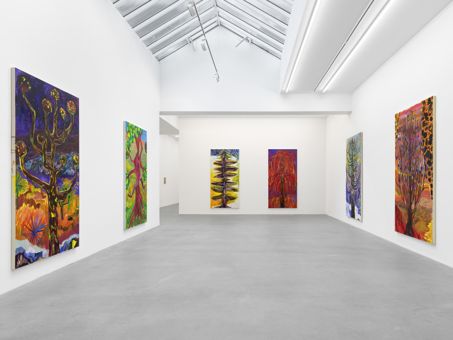 Installation view, Shara Hughes, Tree Farm, Galerie Eva Presenhuber, Waldmannstrasse, Zurich, 2024. © Shara Hughes. Courtesy the artist and Galerie Eva Presenhuber, Zurich / Vienna. Photo: Stefan Altenburger Photography, Zürich