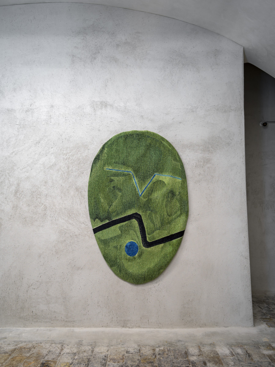 Exhibition view Sophie Taeuber-Arp / Mai-Thu Perret «Ich bin wü ü ü ü ü ü ü ü tend», Cabaret Voltaire 2022; Mai-Thu Perret, Untitled (Green Oval), 2018. Photo: Cedric Mussano