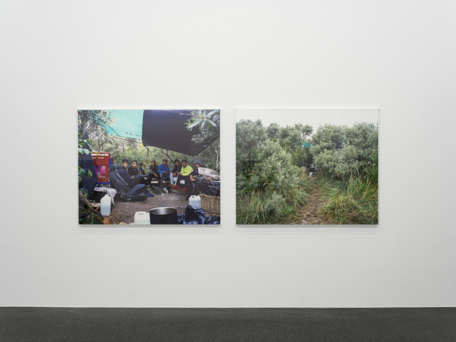 Afghan refugee encampment on waste ground near the the hospital, Calais, July 16, 2020. Diptych, inkjet prints (Canson Baryta Photographique paper) mounted on Dibond, Plexiglas boxes, each 126 x 157 x 5 cm, Ed. 1/3 + 2 AP