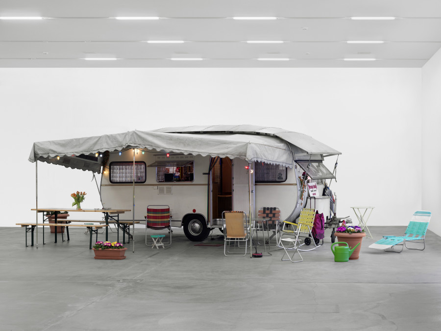 Esther Eppstein, Message Salon Wohnwagen, 1998-2000, Caravan with awning, furniture, brochures, photos, various materials, video and audio works. Sammlung Migros Museum für Gegenwartskunst, photo: Stefan Altenburger Photography, Zurich