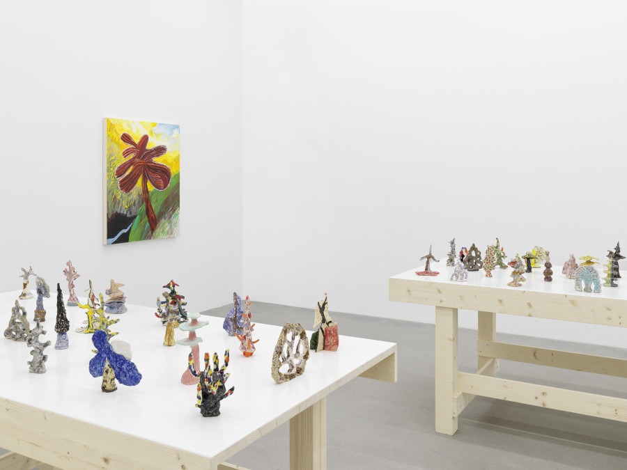 Installation view, Shara Hughes, Tree Farm, Galerie Eva Presenhuber, Waldmannstrasse, Zurich, 2024. © Shara Hughes. Courtesy the artist and Galerie Eva Presenhuber, Zurich / Vienna. Photo: Stefan Altenburger Photography, Zürich