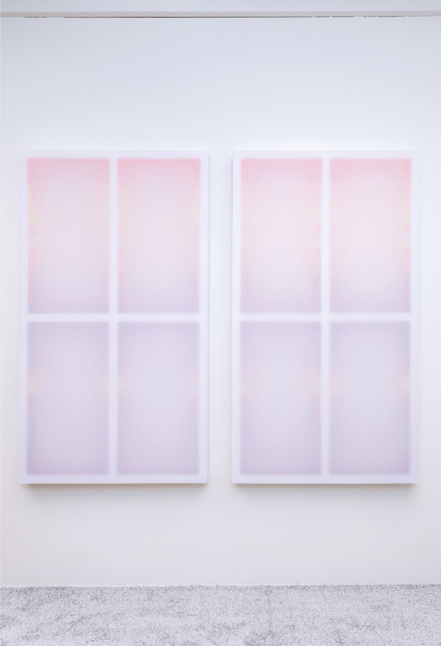 Patric Sandri, Untitled (ReflectionVWS230216ILW), Acrylic on wood construction behind transparent trevira fabric, 160 x 90 x 9 cm each, 2024. Photo: Oliver Kümmerli / Courtesy: The artist and Die Mobiliar