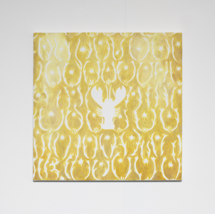 Melanie Akeret, Lobster 4 (gold hue), 2023, Acrylic, oil and colored pencil on canvas, 50 x 50 cm. Photo credit: Flavio Karrer